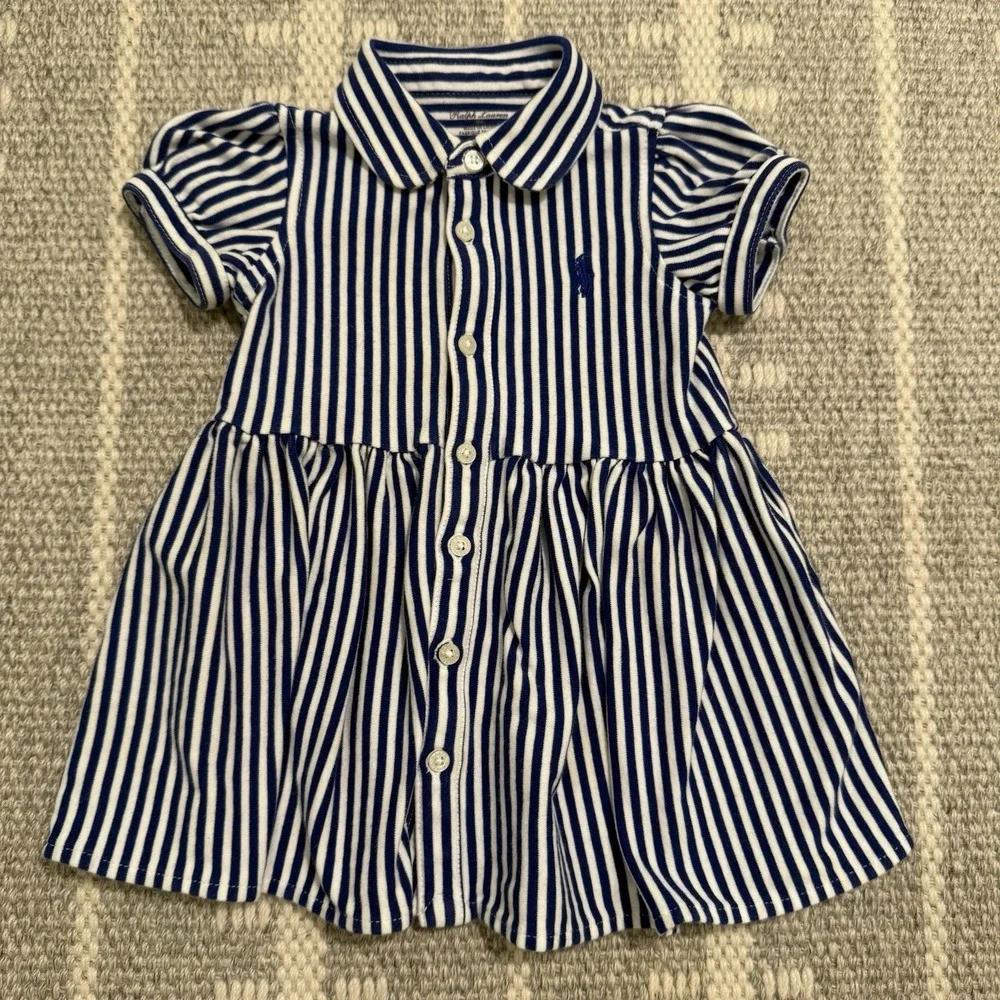 Ralph Lauren Striped Knit Oxford Shirtdress Puff Sleeve Baby Girl 6M Preppy